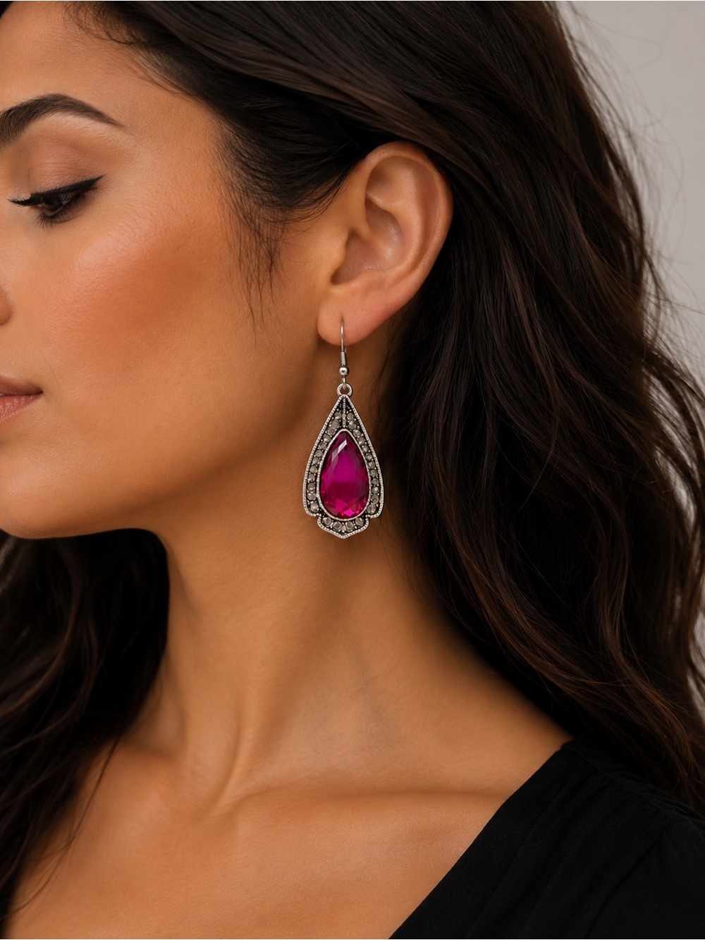 Silver Teardrop Earrings with Fuchsia Center